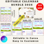 2026 Printable Calendar Bundle – Editable Canva Templates (A4, A3, US Letter, Square + A5 Bonus) with PLR + MRR Resell Rights