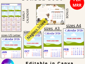 2026 Printable Calendar Bundle – Editable Canva Templates (A4, A3, US Letter, Square + A5 Bonus) with PLR + MRR Resell Rights
